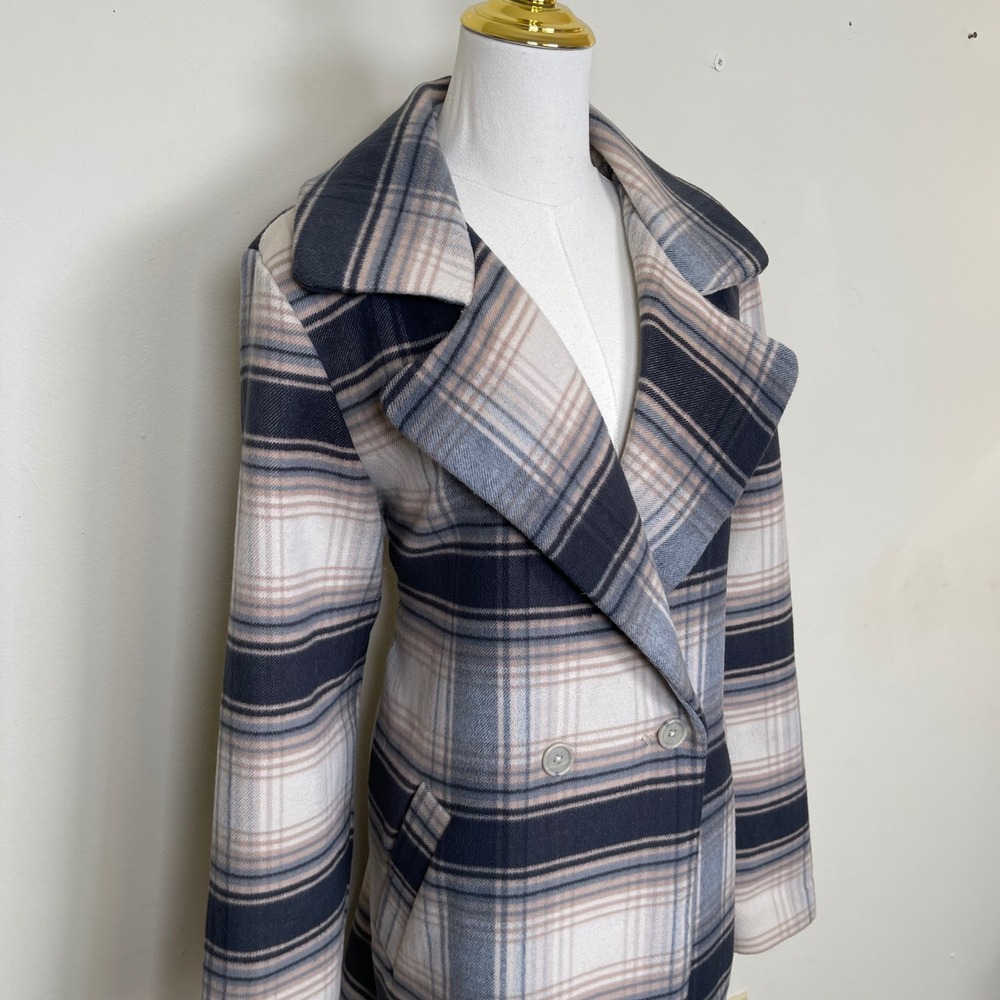 Hollister Plaid Double Breasted Trench Pea‎ Coat Womens M Beige Blue Gray Lined - Picture 5 of 10